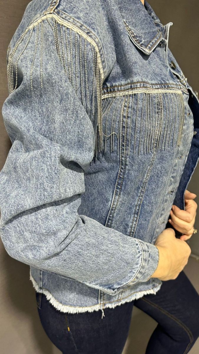 Püskül Zincir Detaylı Jean Ceket Denim Mavi resmi