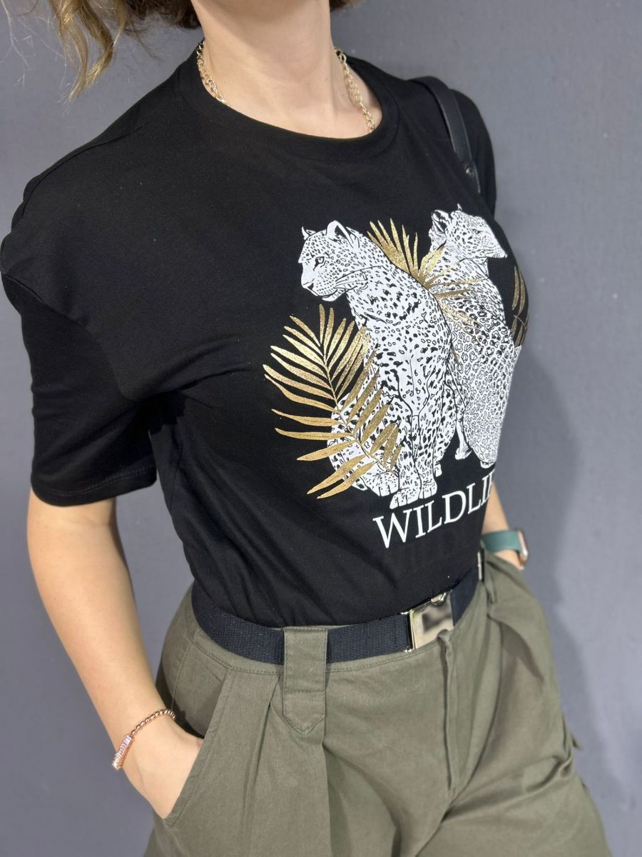 Leopar Baskılı T-Shirt Siyah resmi