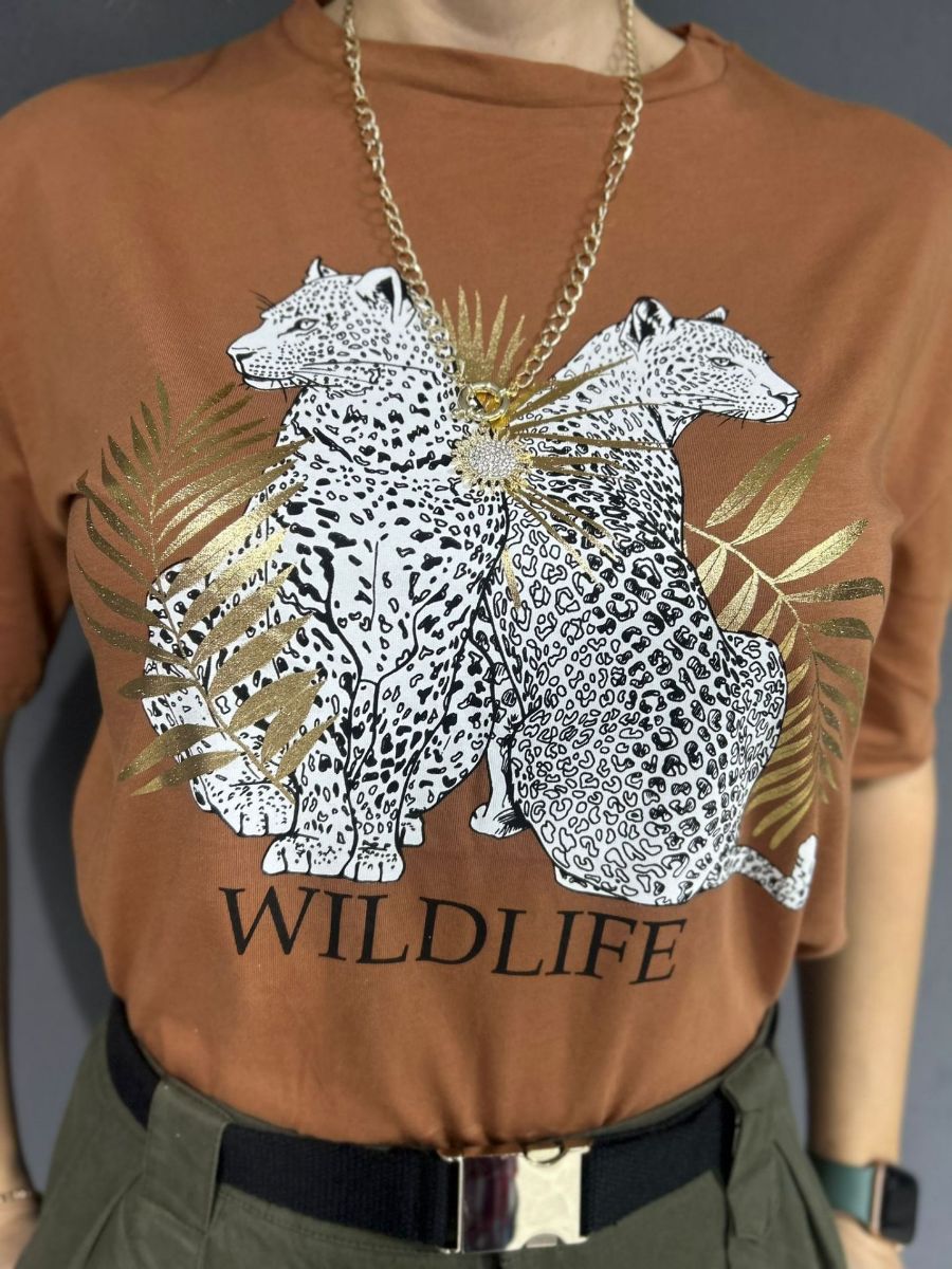 Leopar Baskılı T-Shirt Camel resmi