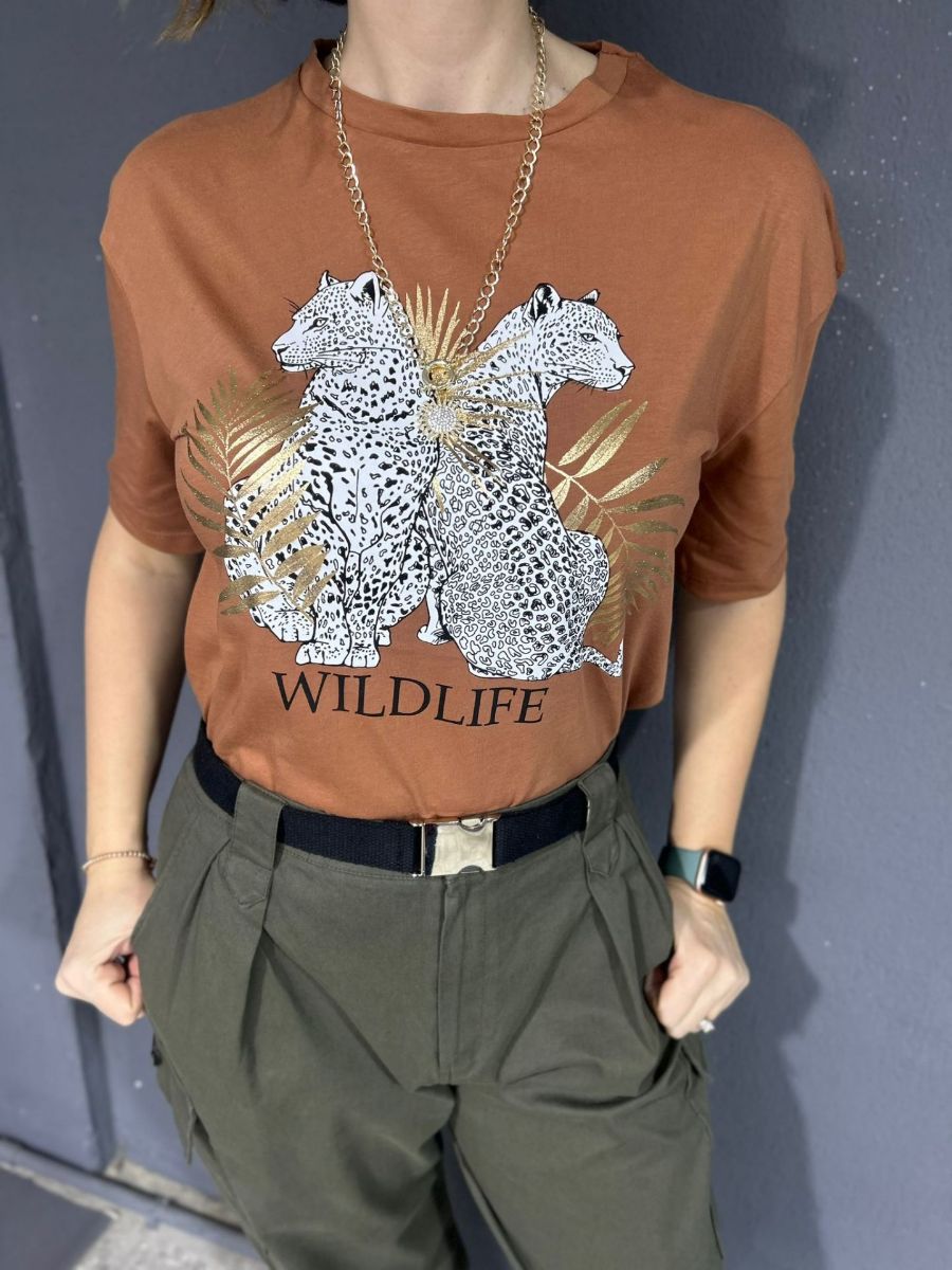 Leopar Baskılı T-Shirt Camel resmi