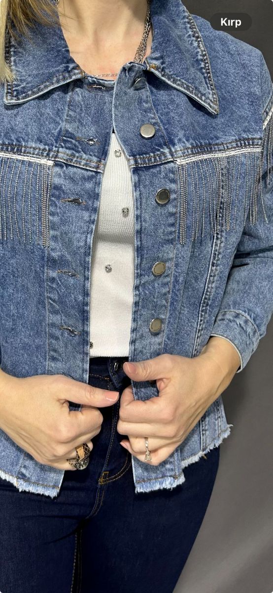 Püskül Zincir Detaylı Jean Ceket Denim Mavi resmi