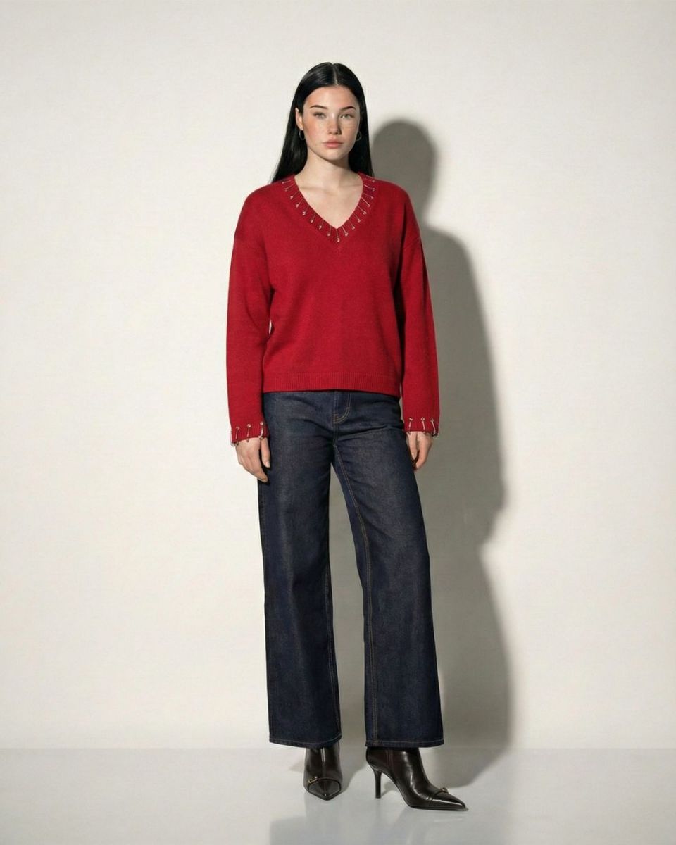 V Yaka Kırmızı Kazak resmi